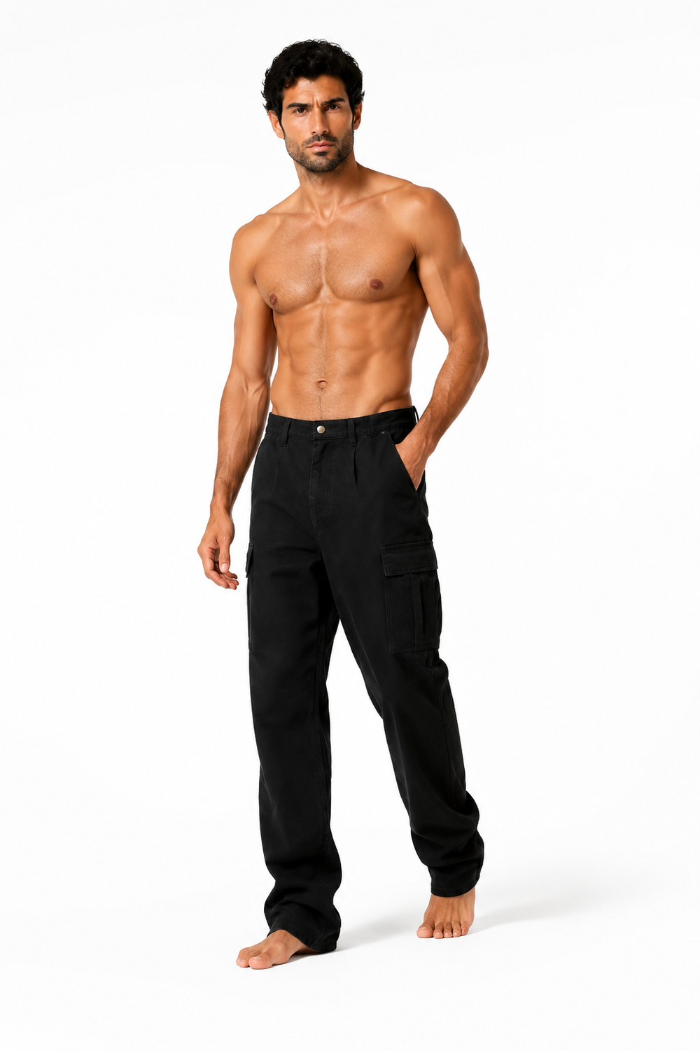 Shirtless barefoot male model wearing ADJUSTABLE STRAIGHT-LEG PANTS 001 by A. Manso, front view