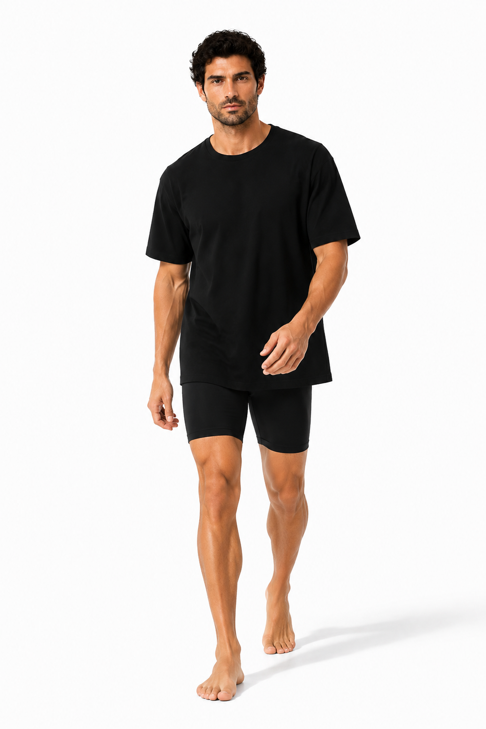 Male editorial model wearing DROP SHOULDER COTTON TEE 001 by A. Manso — front view