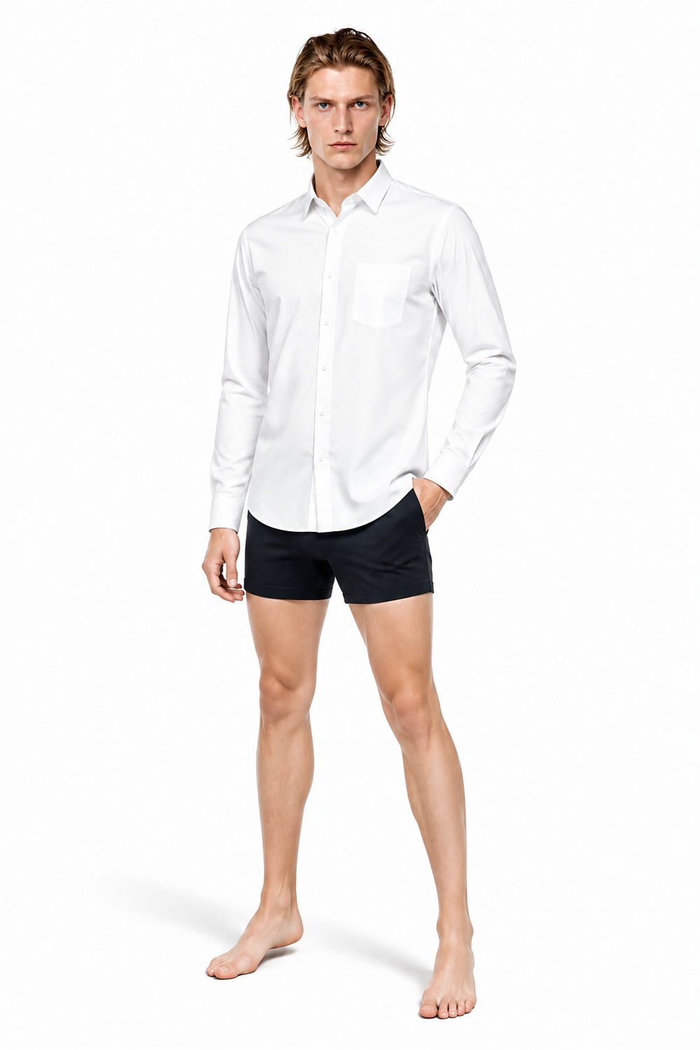 Male editorial model wearing LONG SLEEVE SHIRT GLACIER WHITE 001 by A. Manso — front view