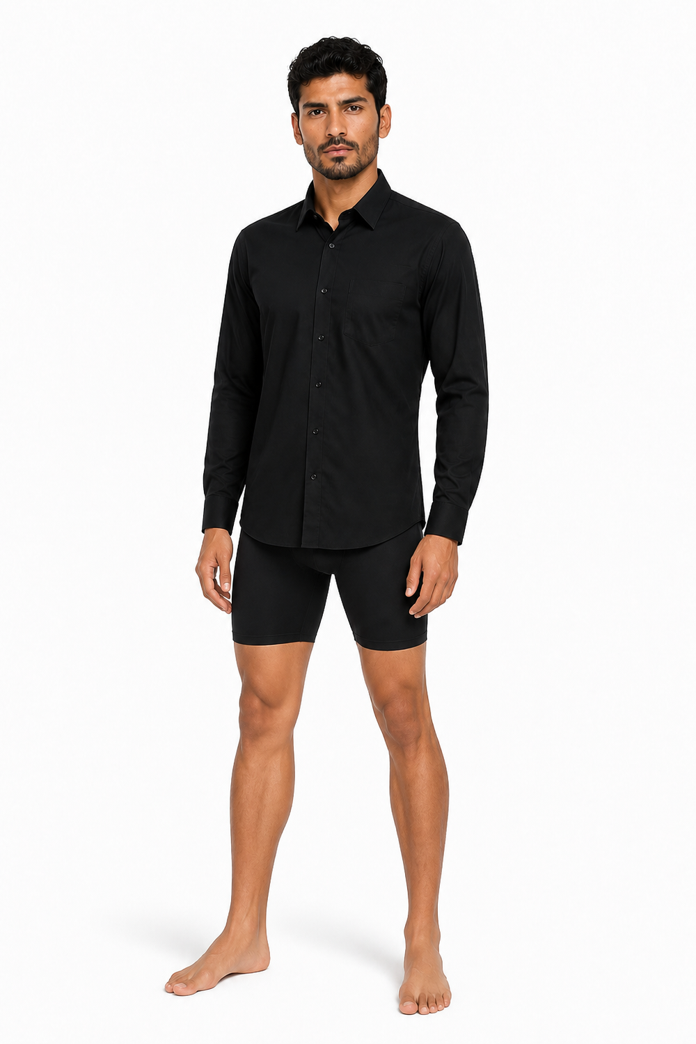 Male editorial model wearing LONG SLEEVE SHIRT OBSIDIAN BLACK 001 by A. Manso — front view