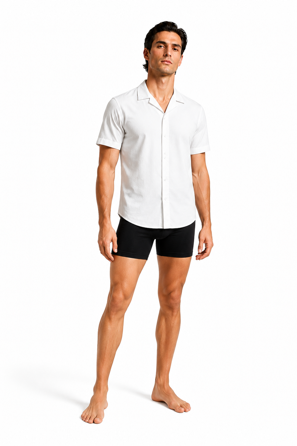 Male editorial model wearing OPEN COLLAR SHIRT 001 by A. Manso — front view
