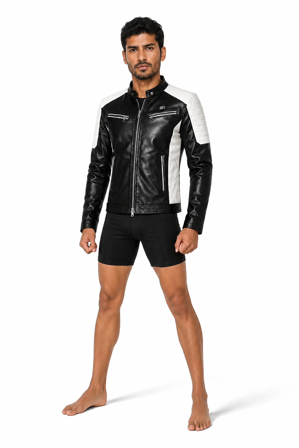 Male editorial model wearing RACER JACKET 001 by A. Manso — front view
