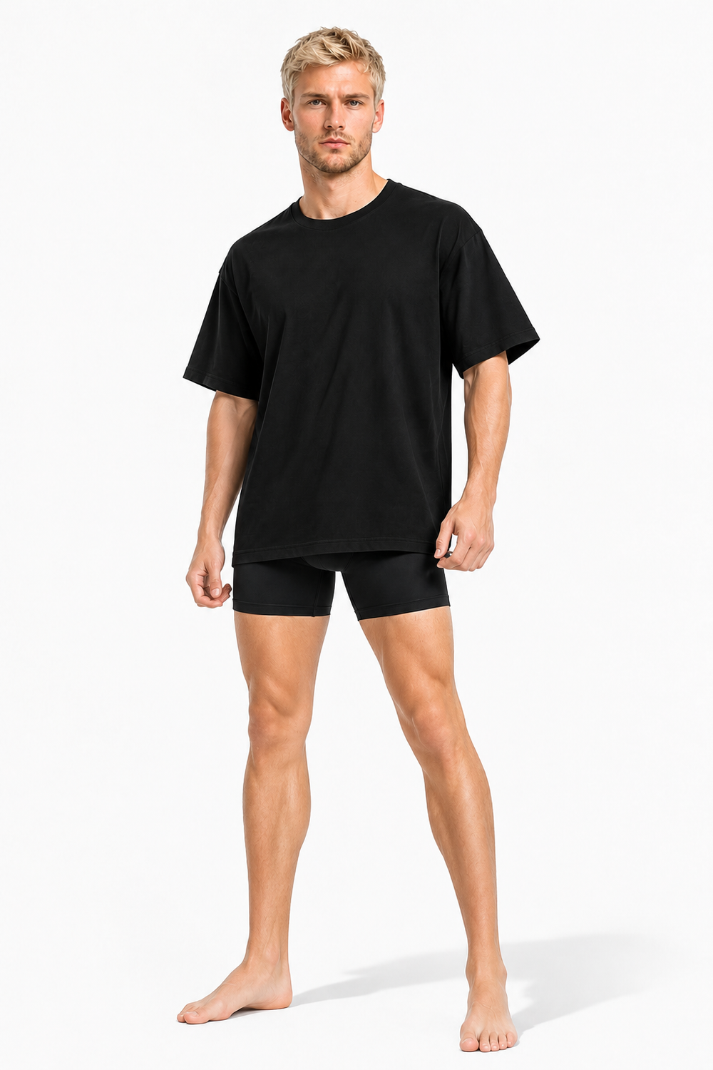 Male editorial model wearing SEAMLESS COTTON TEE 001 by A. Manso — front view