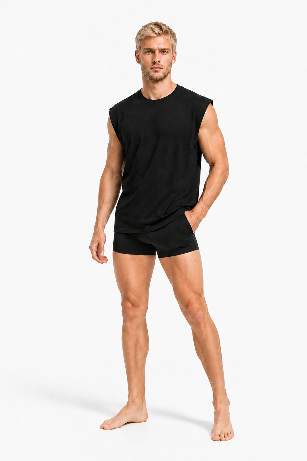 BOXY TERRY TANK 001 on male model with short black lycra — front view
