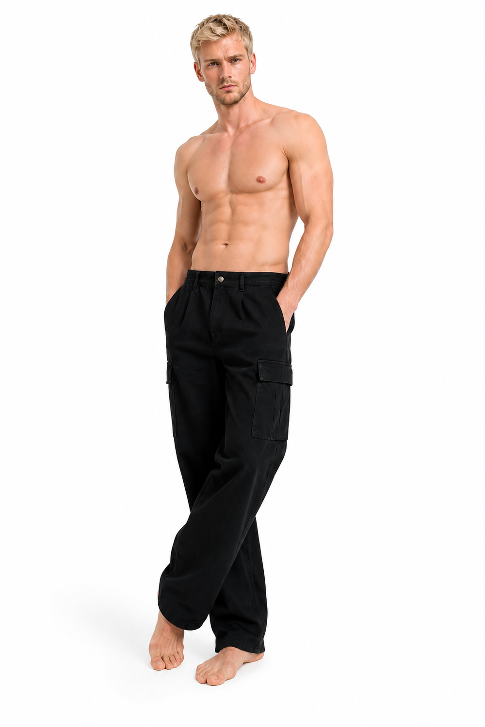 Shirtless barefoot male model wearing ELASTIC CARGO PANTS 001 by A. Manso, front view