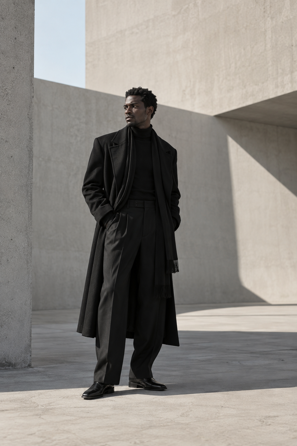 Man wearing a layered all-black outfit in monumental concrete architecture