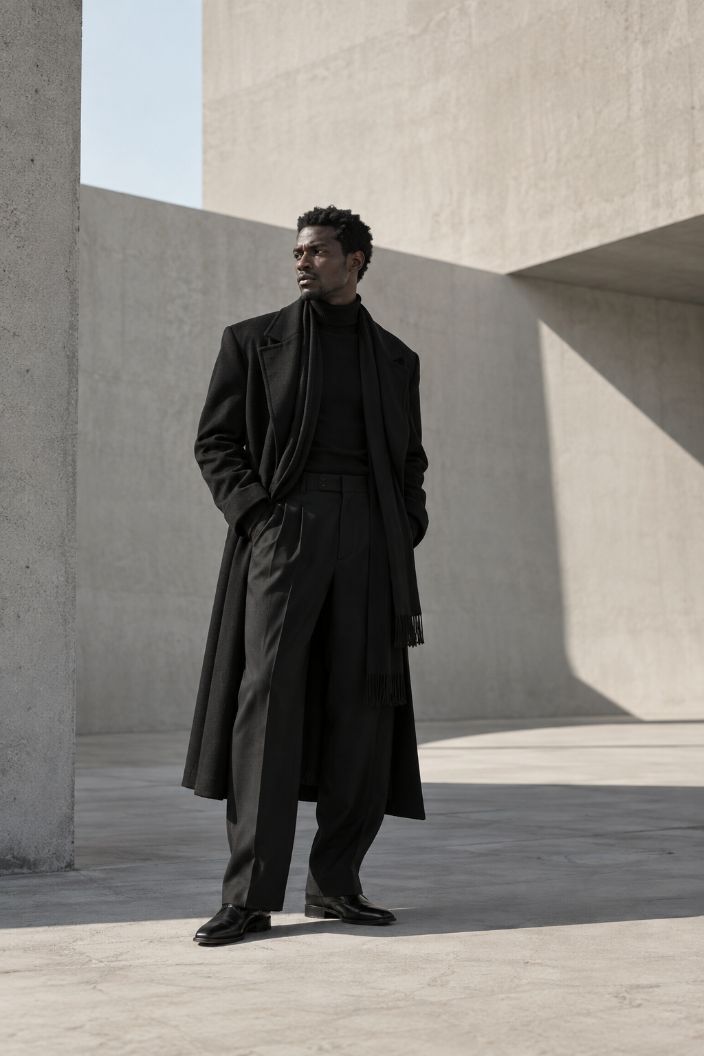 Man wearing a layered all-black outfit in monumental concrete architecture