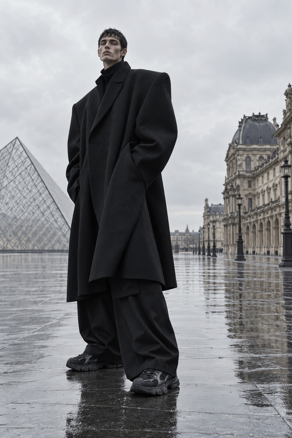 Balenciaga oversized black silhouette on a rain-polished Paris plaza