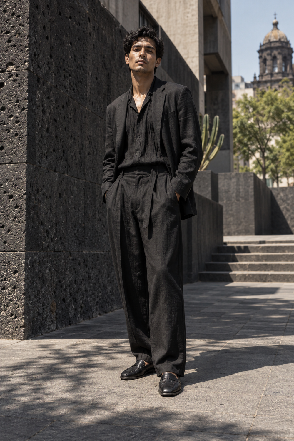 Heat-adapted black tailoring against volcanic stone in Mexico City