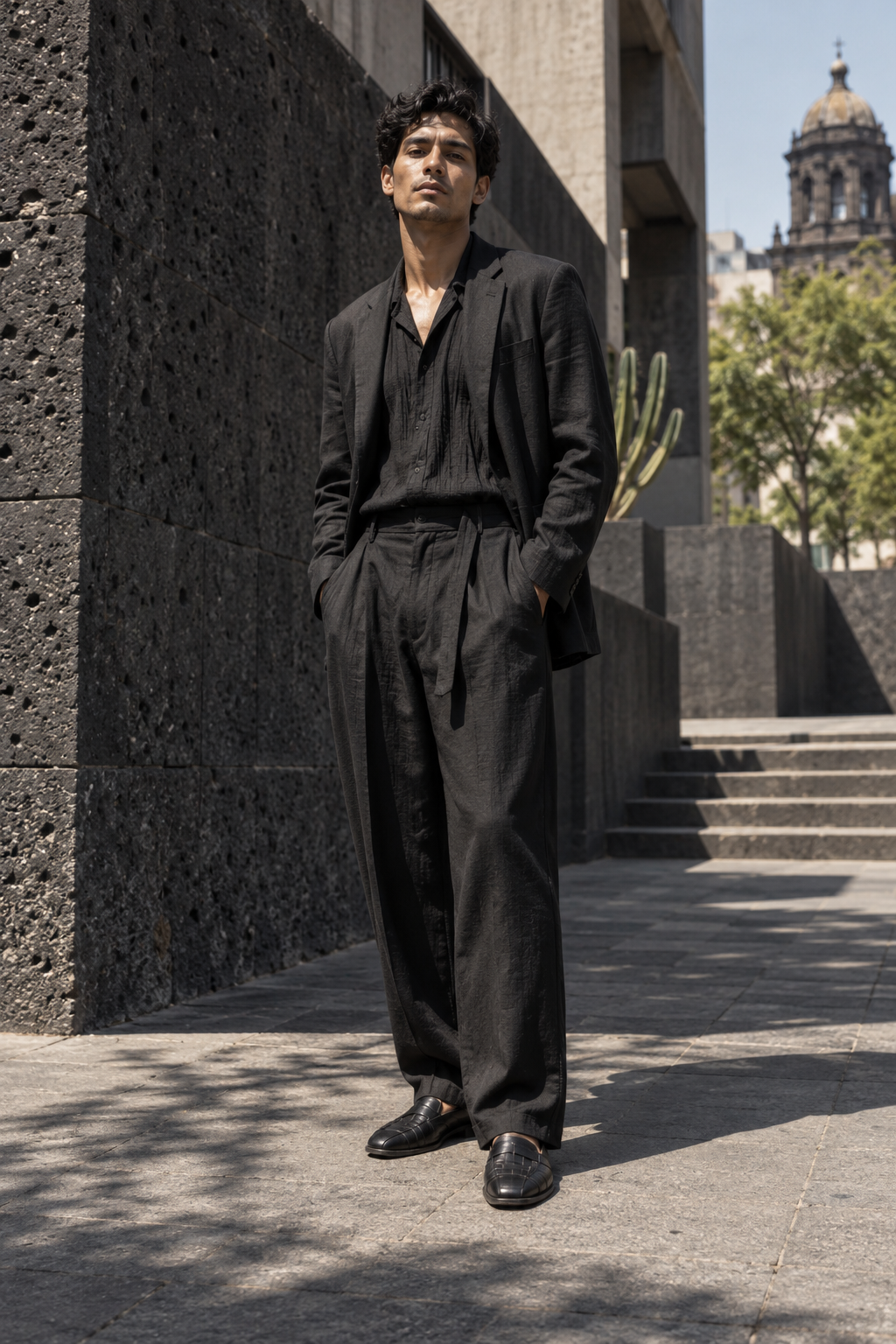 Heat-adapted black tailoring against volcanic stone in Mexico City