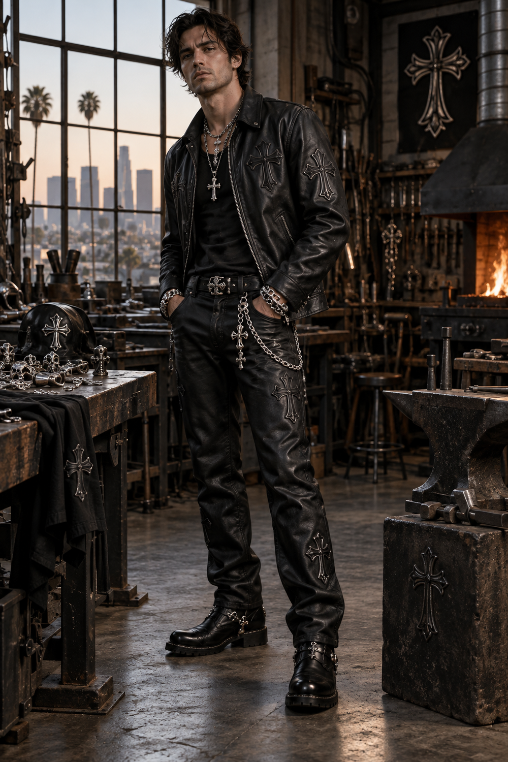 Chrome Hearts leather and silver editorial in a Los Angeles workshop