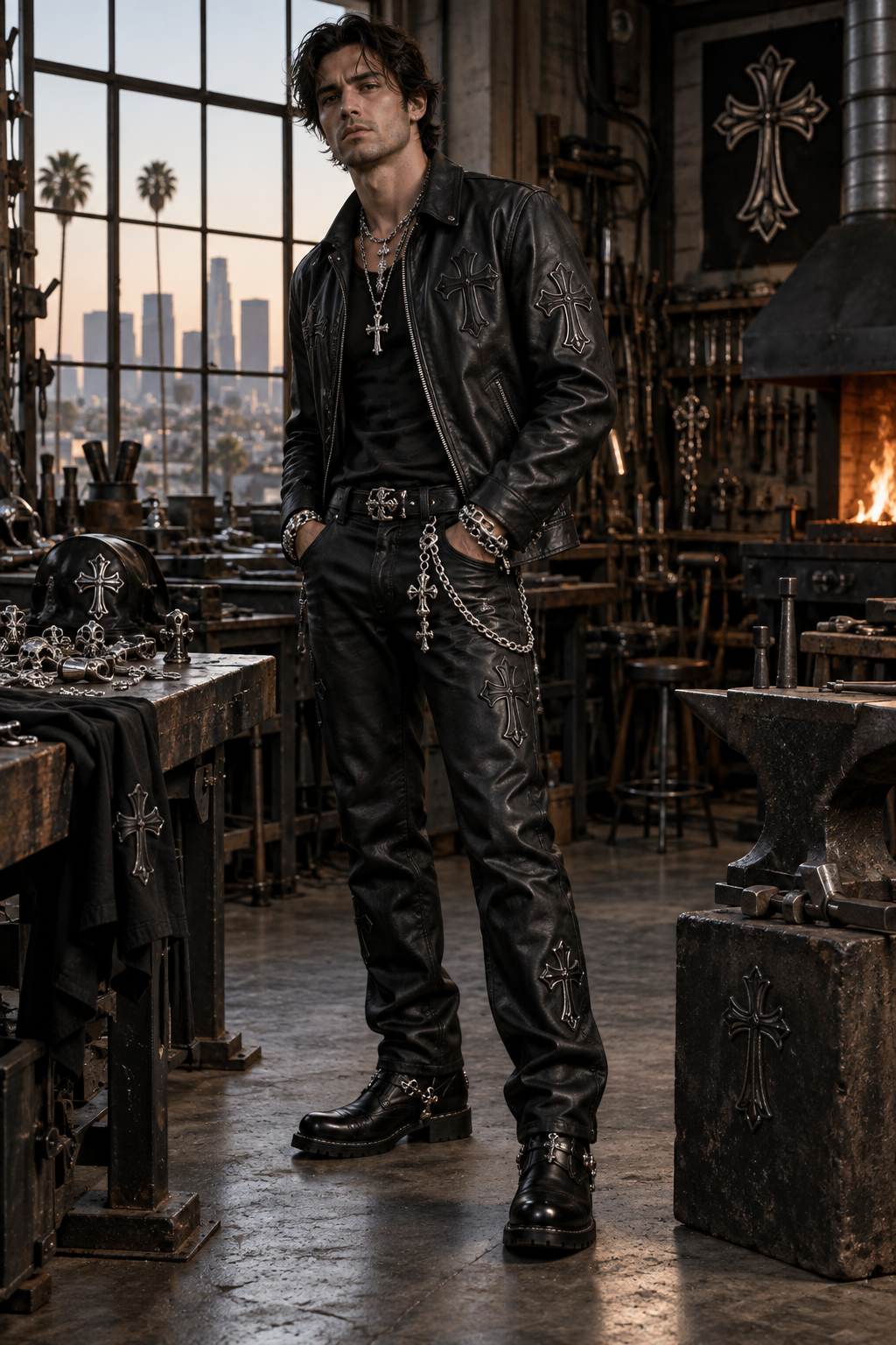 Chrome Hearts leather and silver editorial in a Los Angeles workshop