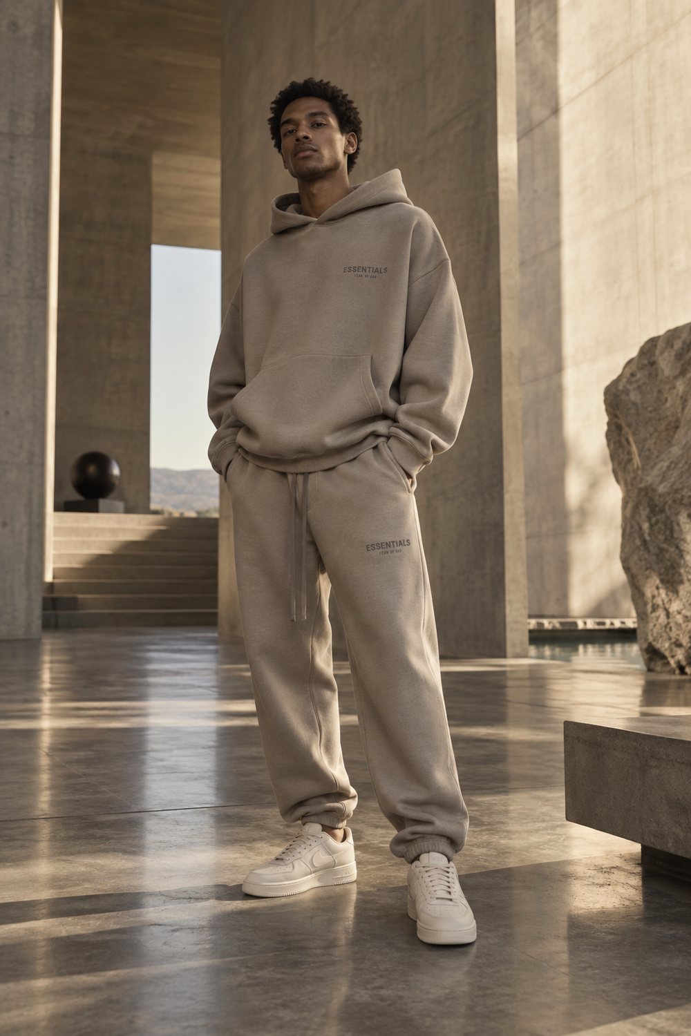 Fear of God Essentials neutral uniform in monumental concrete architecture