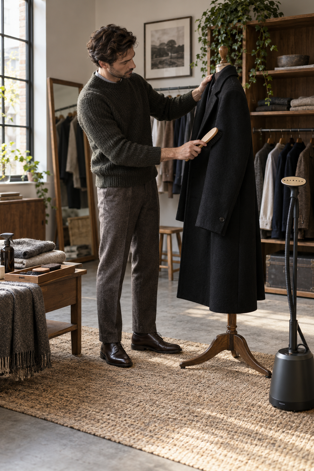 Man brushing a black wool coat in an orderly wardrobe studio