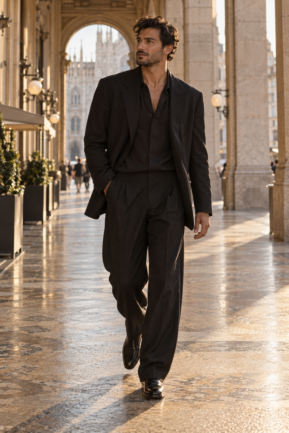 Mediterranean male model wearing relaxed black tailoring in a Milanese arcade