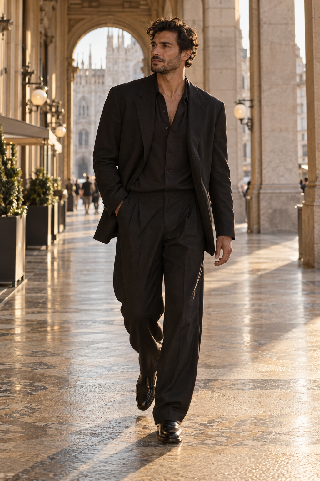 Mediterranean male model wearing relaxed black tailoring in a Milanese arcade