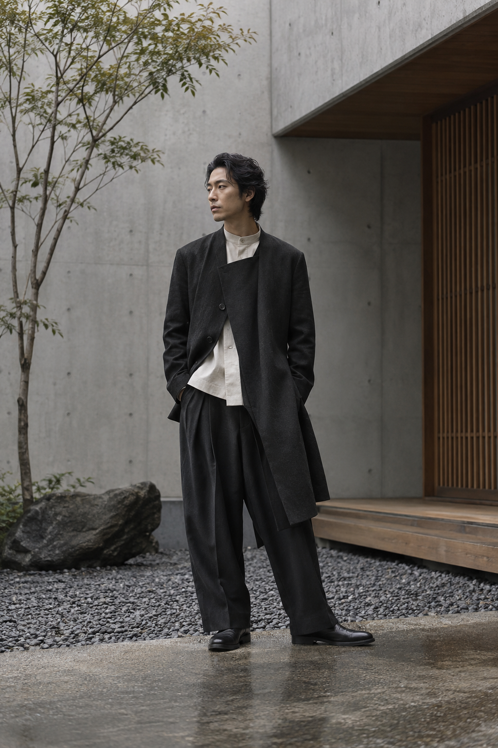 Japanese male model wearing precise minimalist menswear in a concrete and wood courtyard