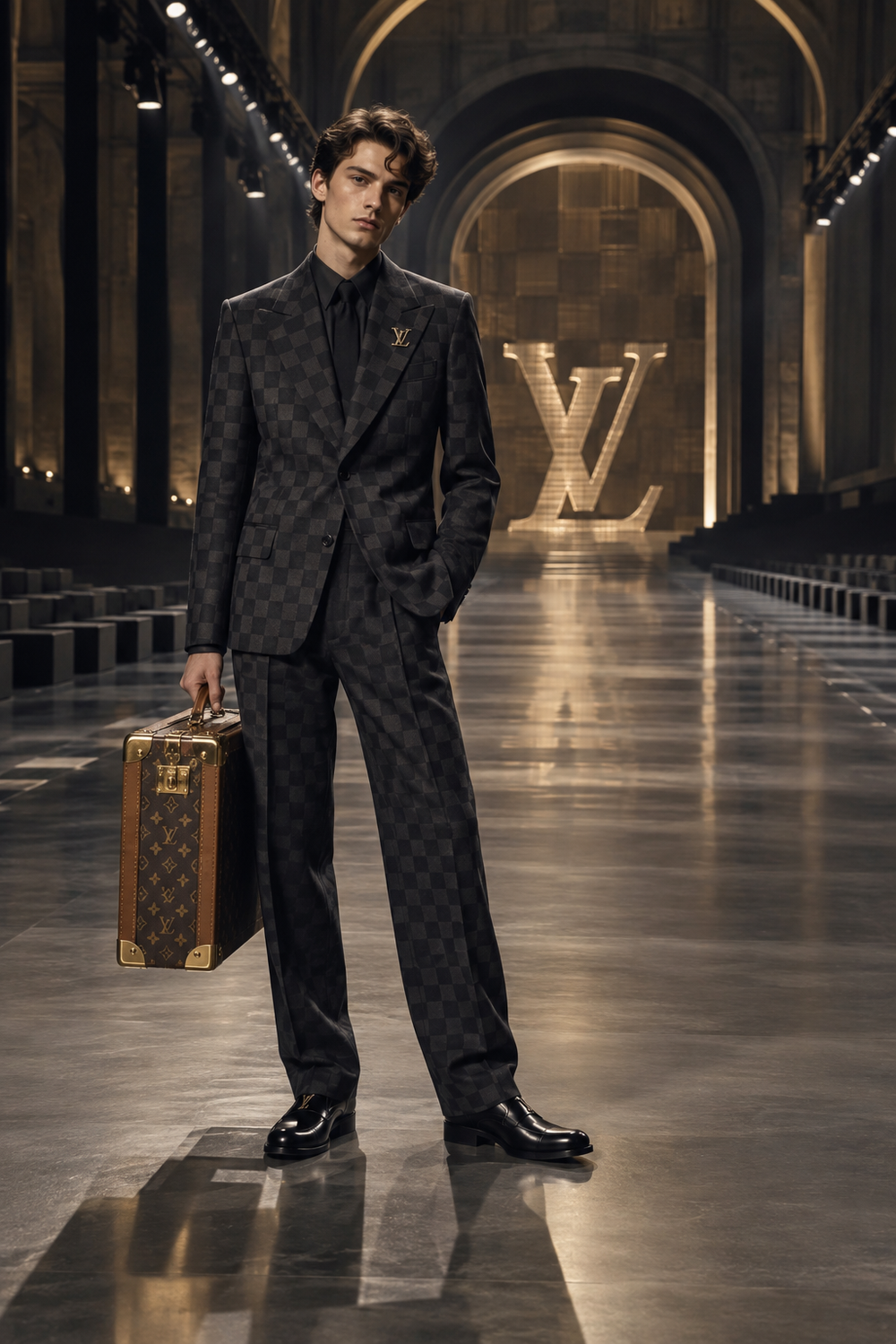 Louis Vuitton Damier menswear tailoring on an empty monumental runway