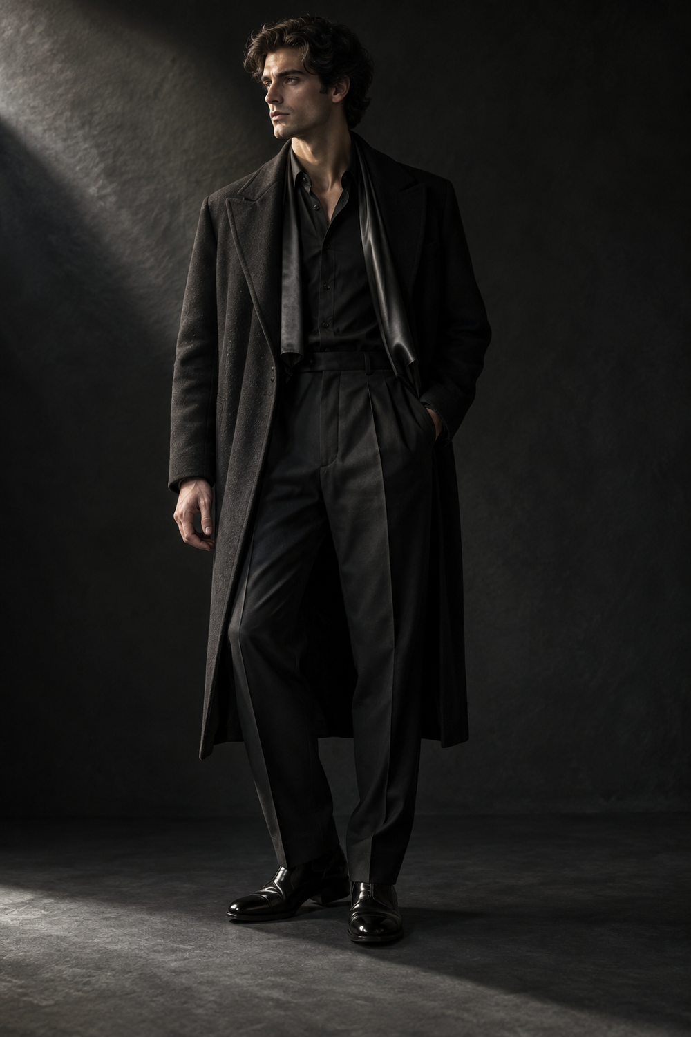 Black menswear contrasting matte wool satin and polished leather