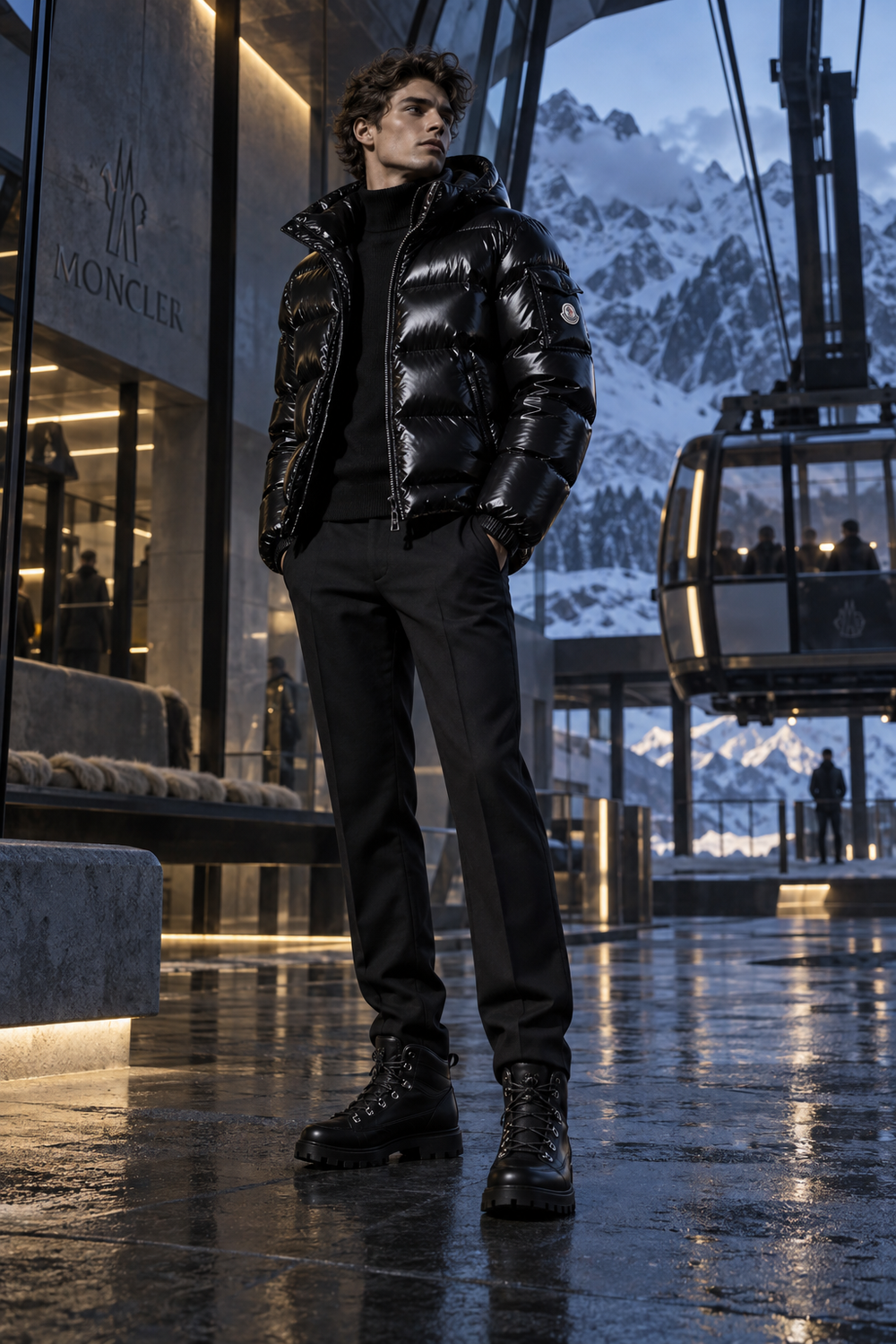 Moncler glossy black puffer at a modern alpine station