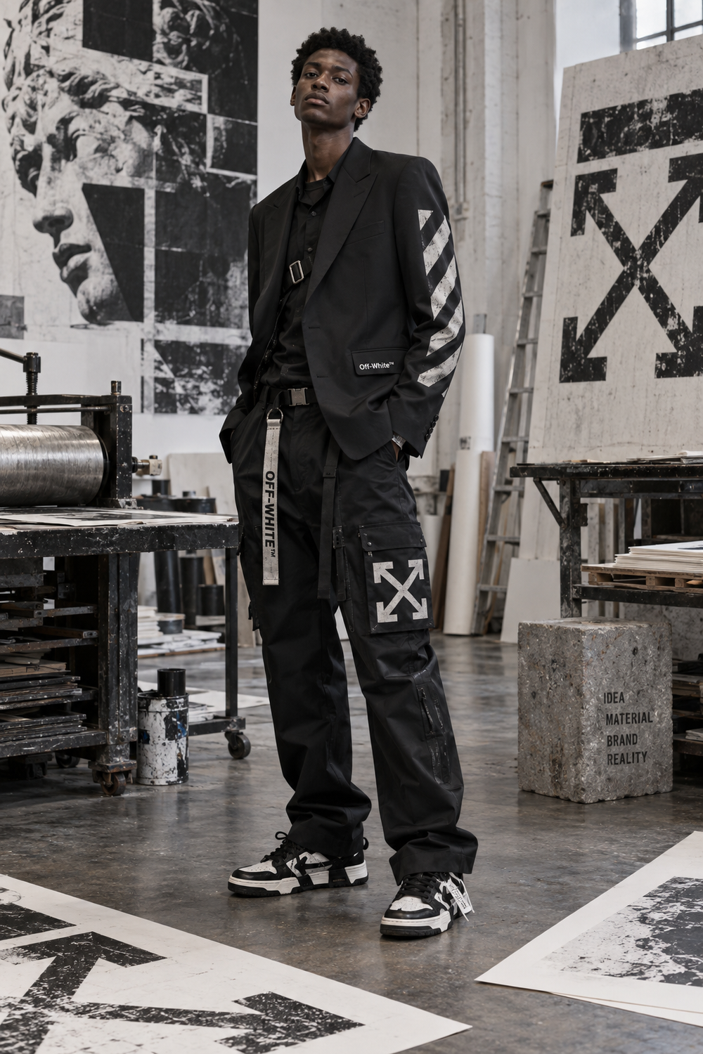 Off-White industrial tailoring in a printmaking studio