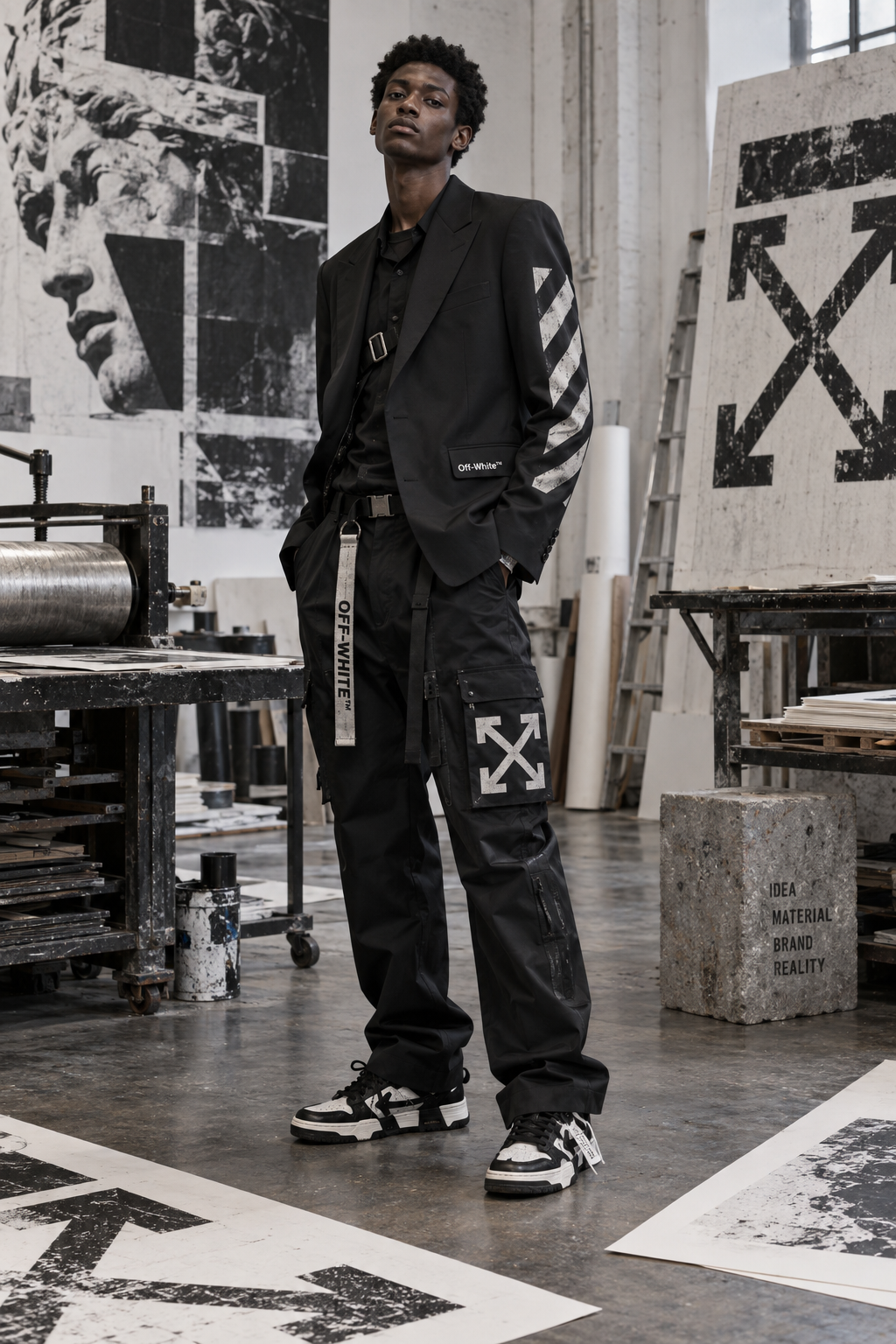 Off-White industrial tailoring in a printmaking studio