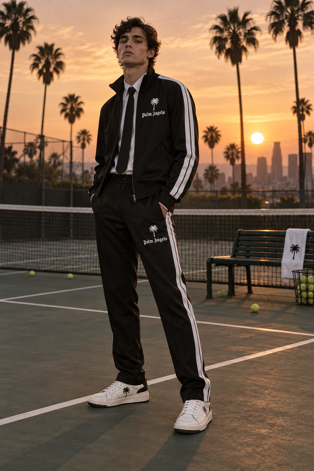 Palm Angels track tailoring on a California tennis court