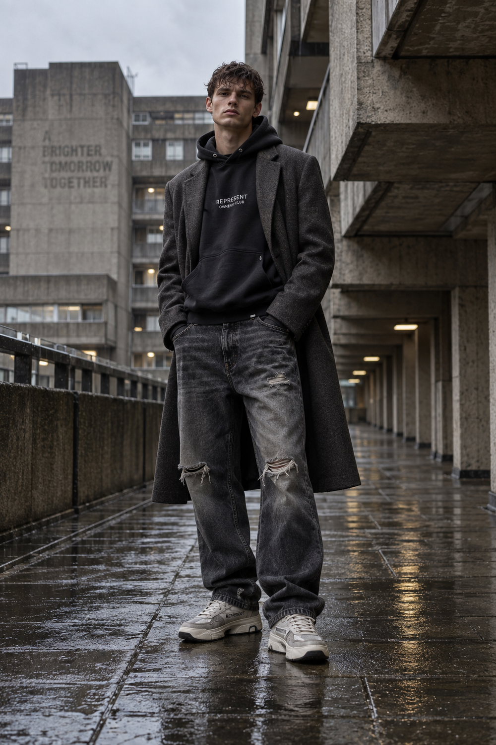 Represent streetwear layered with tailoring on a British brutalist estate