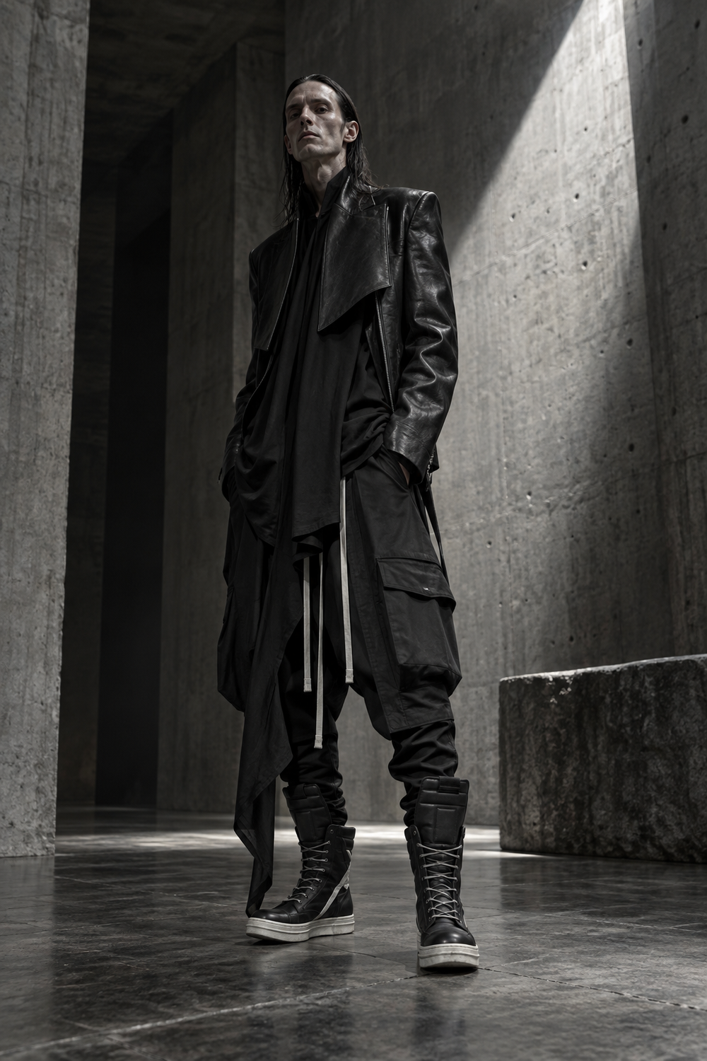 Rick Owens draping leather Bauhaus trousers and high tops in brutalist architecture
