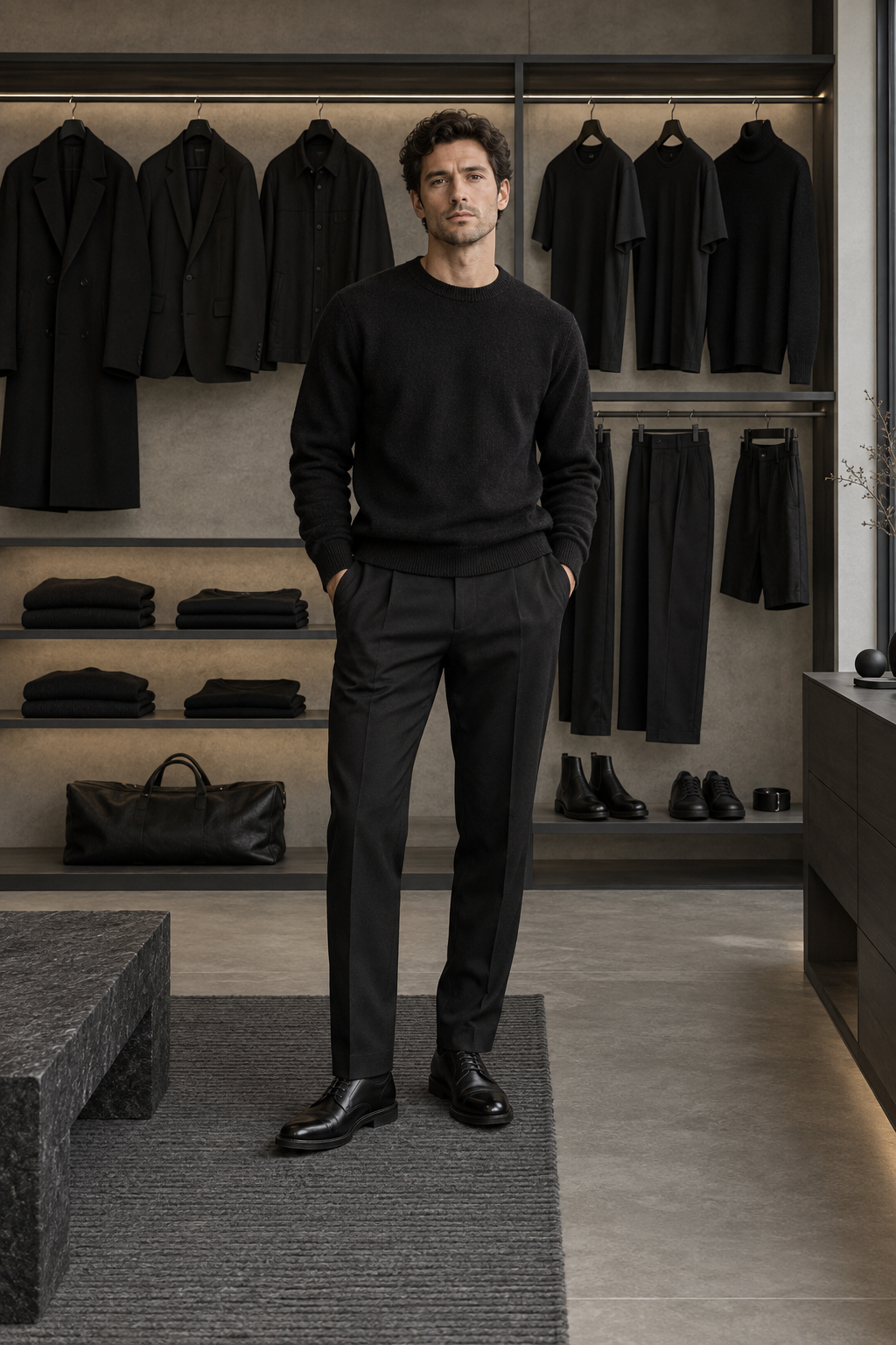 Twelve-piece modular black capsule wardrobe