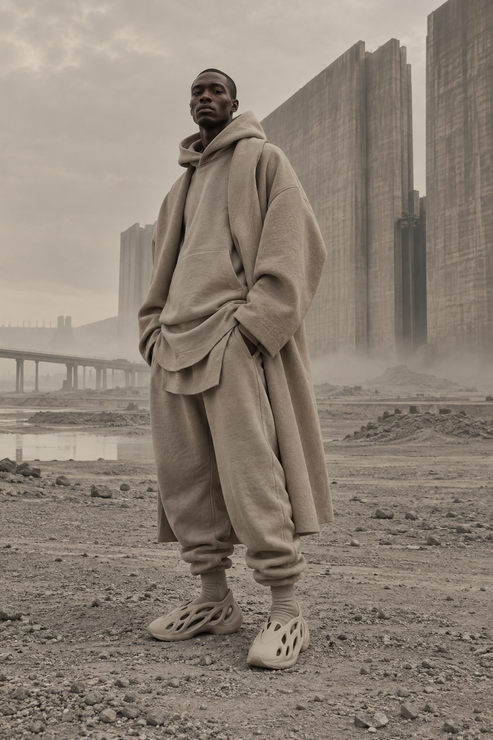 Yeezy neutral layers and sculptural footwear in a beige industrial landscape