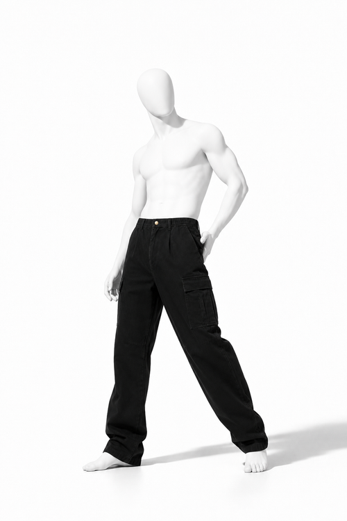 Obsidian black cotton straight-leg pants with adjustable waist