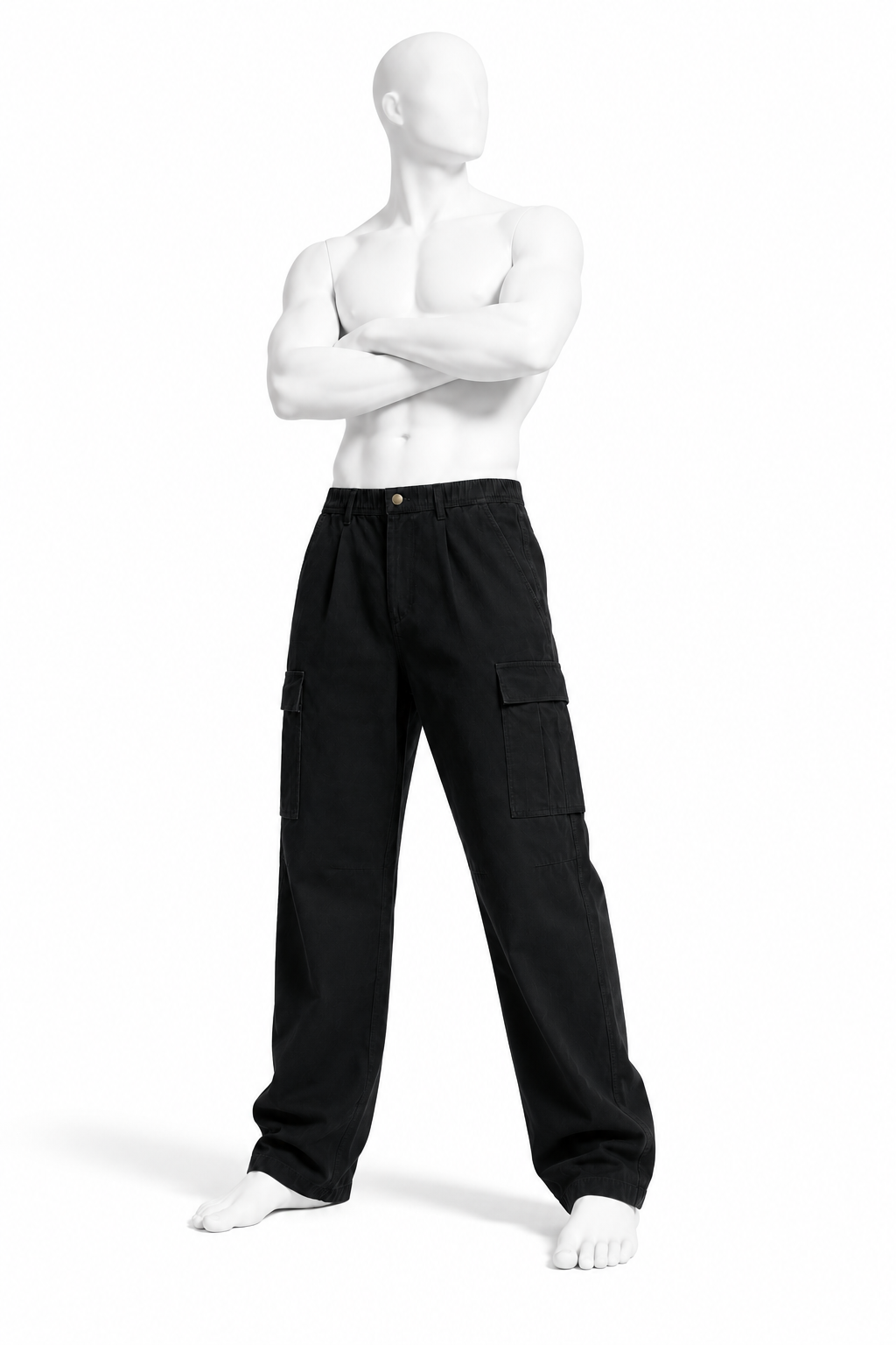 Obsidian black cotton cargo pants with elastic waist