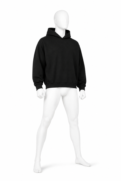 Obsidian black boxy fleece hoodie with drop shoulders