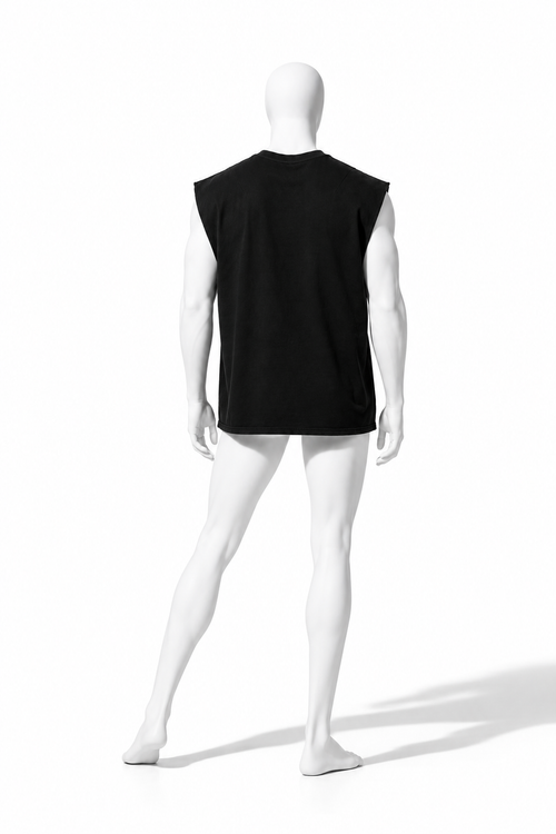 Black French terry sleeveless tank with boxy fit