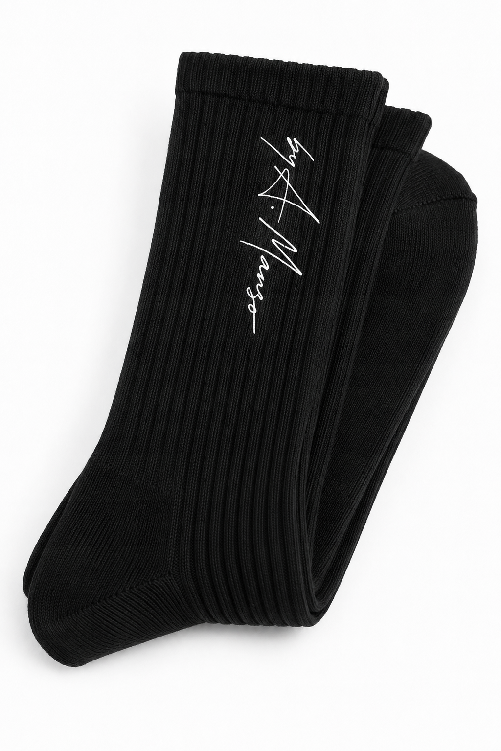 A. Manso black crew socks with ribbed knit texture
