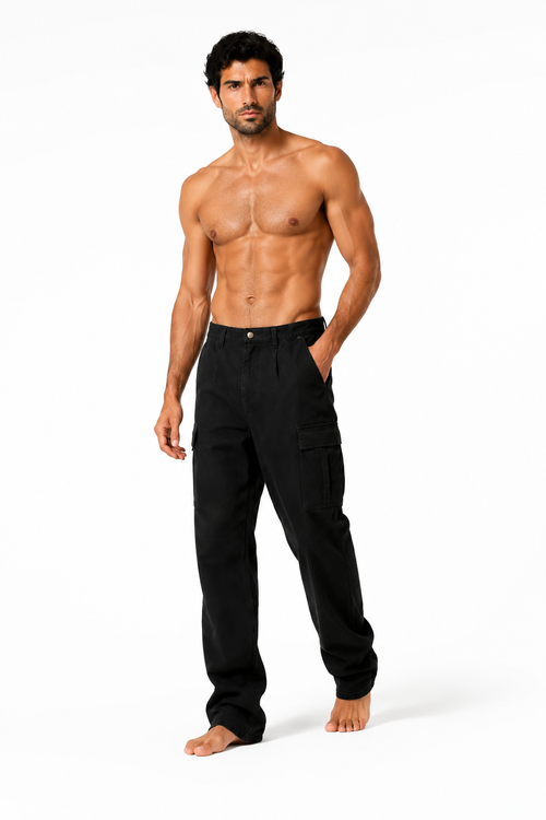 Shirtless barefoot male model wearing ADJUSTABLE STRAIGHT-LEG PANTS 001 by A. Manso, front view