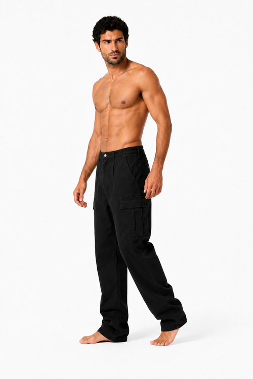 Shirtless barefoot male model wearing ADJUSTABLE STRAIGHT-LEG PANTS 001 by A. Manso, three-quarter view