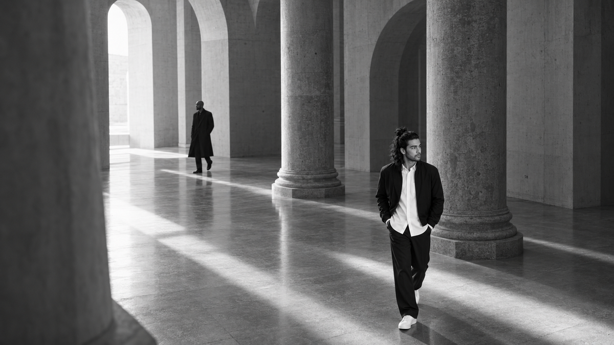 A. Manso with hair in a half-up knot walking through a monumental Roman brutalist interior
