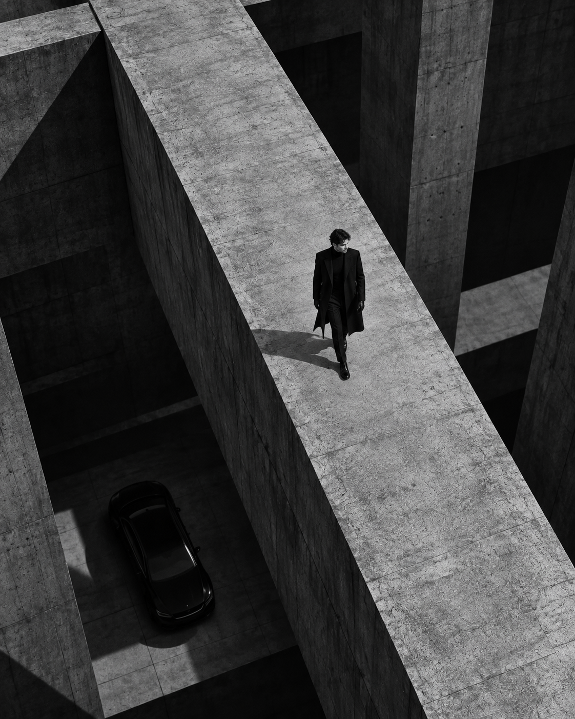 A long black coat crossing monumental concrete above an unbranded car