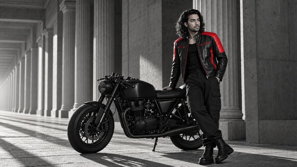 A. Manso in the red and black racer jacket beside an unbranded motorcycle