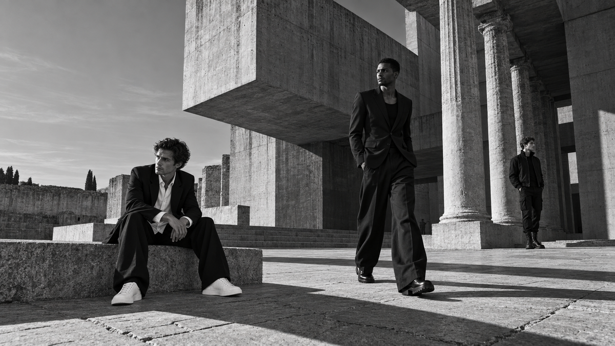 Three distinct male models in By A. Manso black tailoring among concrete and Roman columns