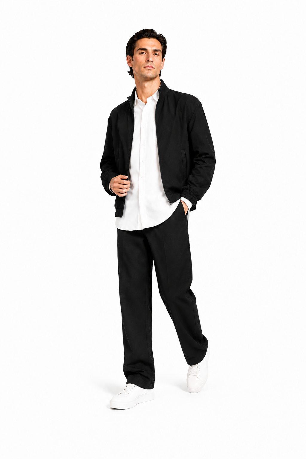 Male editorial model wearing AUTHORITY WITHOUT A LAPEL by A. Manso — front view