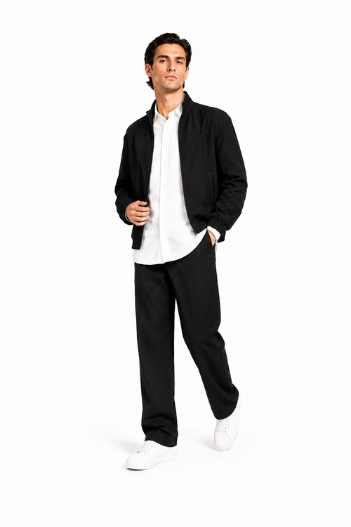 Male editorial model wearing AUTHORITY WITHOUT A LAPEL by A. Manso — front view