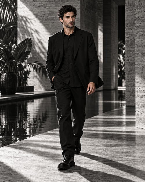 Black Does the Cutting in a dark planted travertine gallery