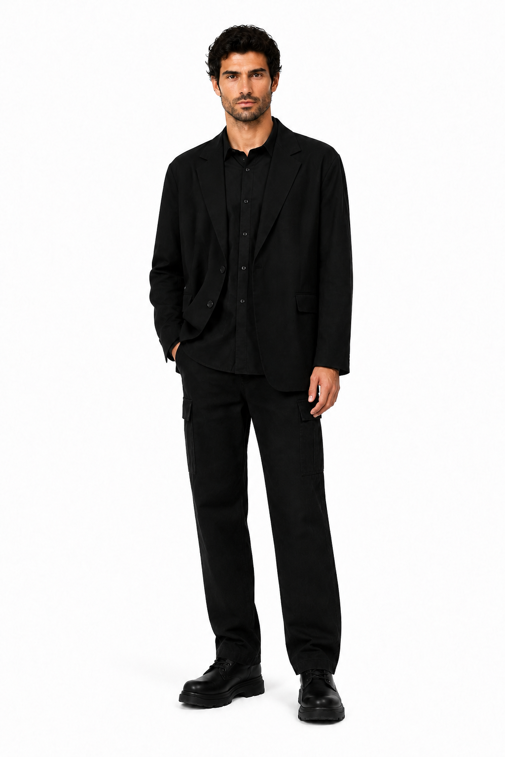 Male editorial model wearing BLACK DOES THE CUTTING by A. Manso — front view