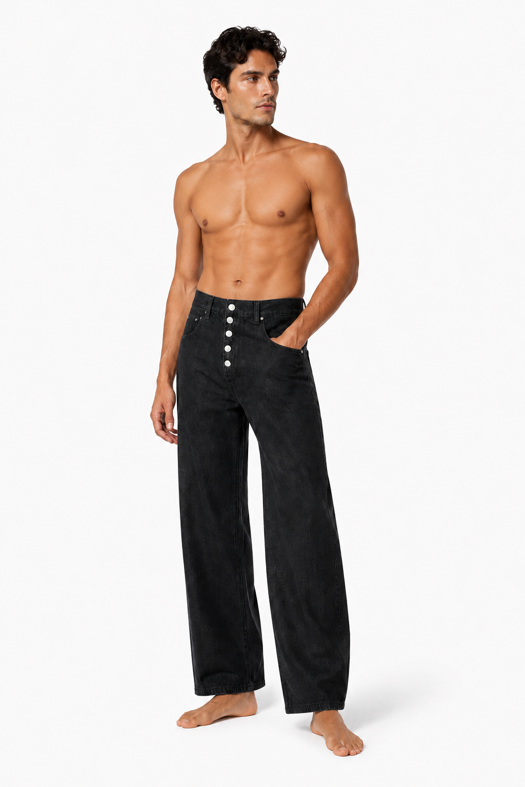 Shirtless barefoot male model wearing BUTTON-FRONT WIDE-LEG DENIM 001 by A. Manso, front view