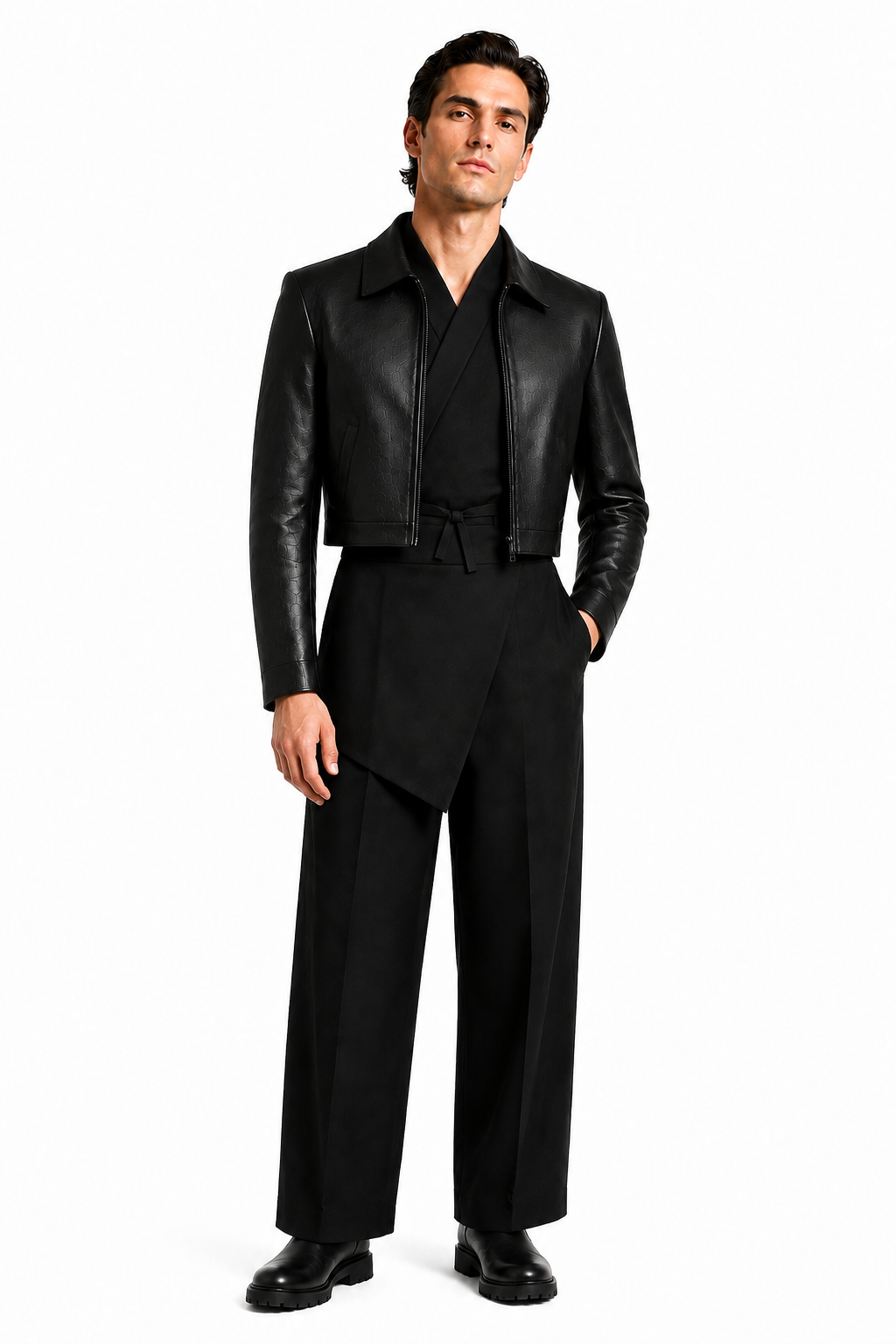 Male editorial model wearing CUT BEFORE CONVENTION by A. Manso — front view