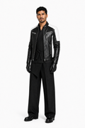 Male editorial model wearing LEATHER DOES NOT EXPLAIN ITSELF by A. Manso — front view
