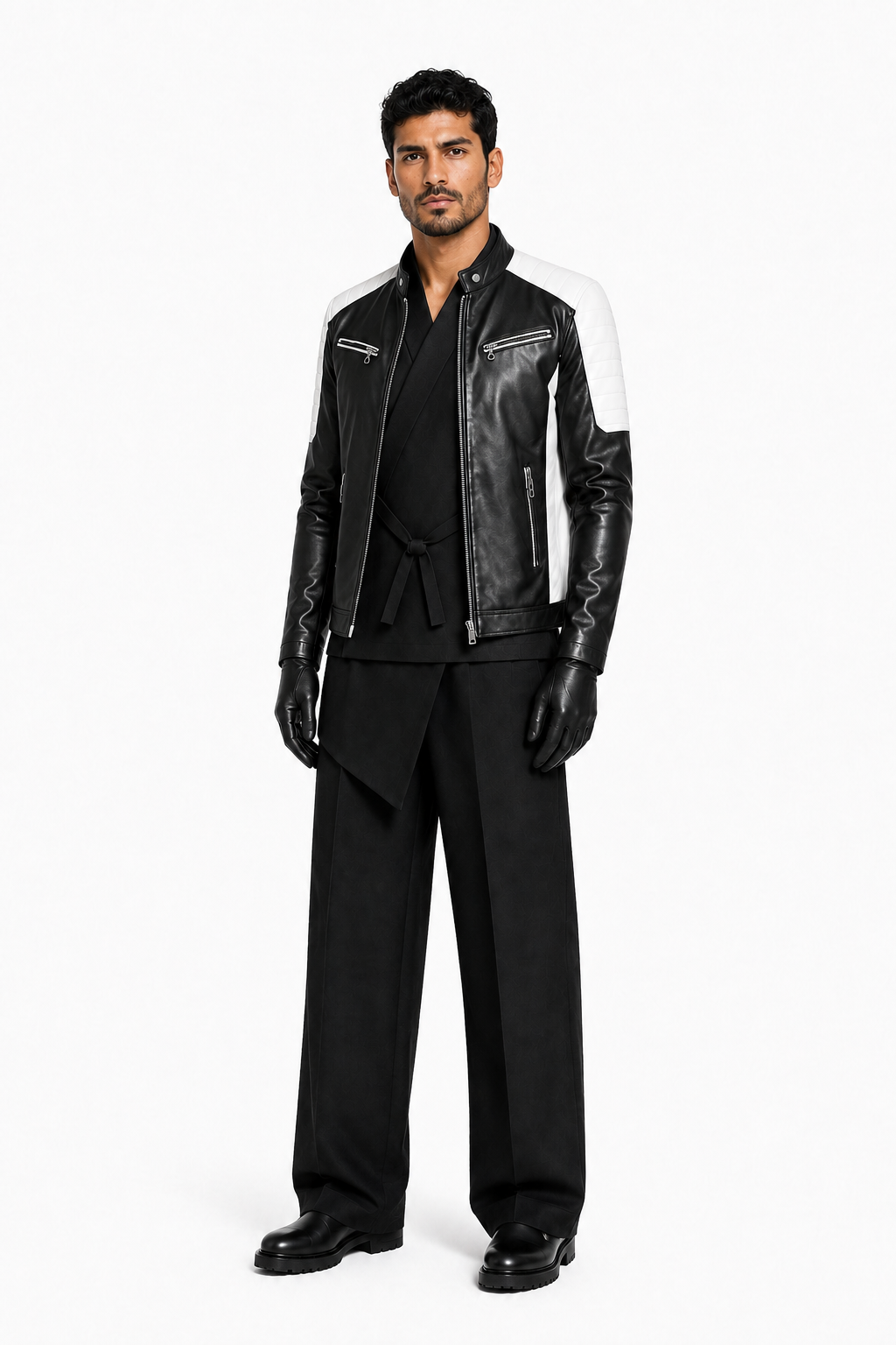 Male editorial model wearing LEATHER DOES NOT EXPLAIN ITSELF by A. Manso — front view